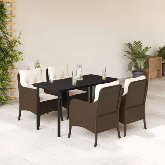 Spisebordssæt i polyrattan 5 dele med hynder - brun