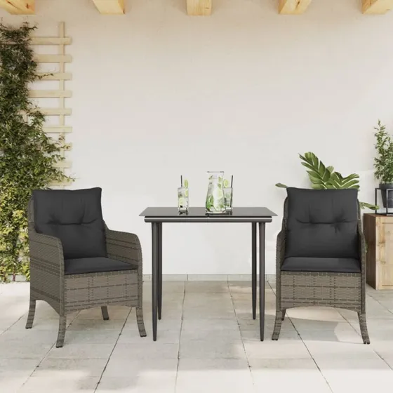 Spisebordssæt til haven 3 dele i grå polyrattan med hynder