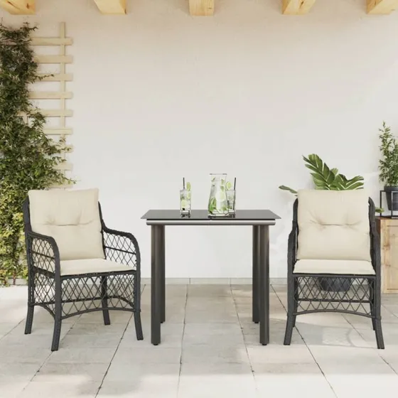 Sort 3-delers bistrosæt i polyrattan med hynder