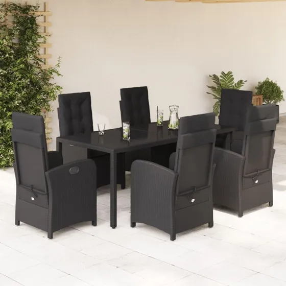 Spisebordssæt i polyrattan 7 dele med hynder - sort