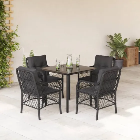 Spisebordssæt i polyrattan 5 dele med hynder, sort