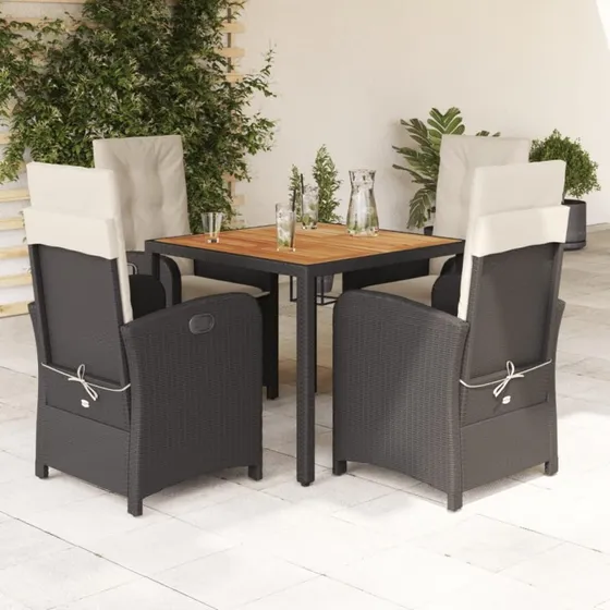 Spisebordssæt i polyrattan 5 dele med hynder, sort