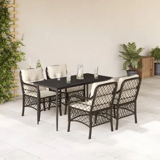Spisebordssæt i brun polyrattan 5 dele med hynder