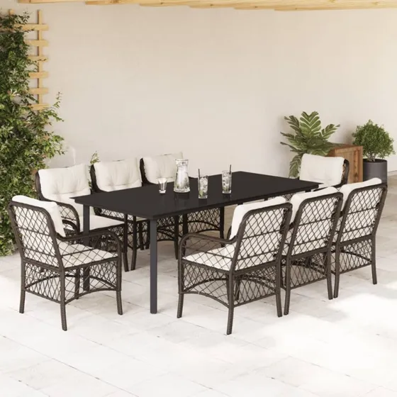 Spisebordssæt i polyrattan 9 dele - brun med hynder