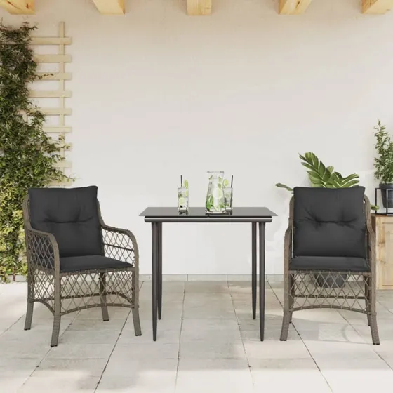 Bistrosæt i grå polyrattan 3 dele med hynder