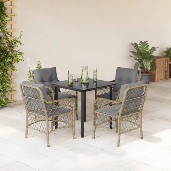 Polyrattan havemøbelsæt 5 dele med hynder - beige