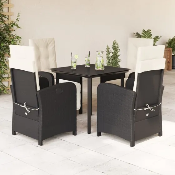 Spisebordssæt i sort polyrattan 5 dele med hynder