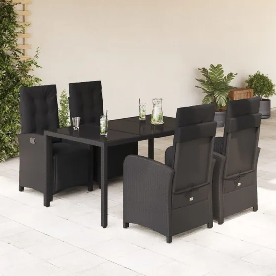 Spisebordssæt i polyrattan 5 dele med hynder, sort