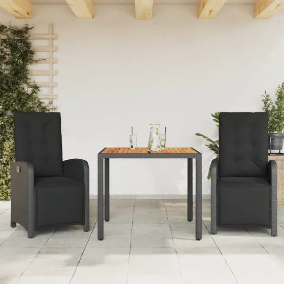 Bistrosæt 3 dele i sort polyrattan med hynder