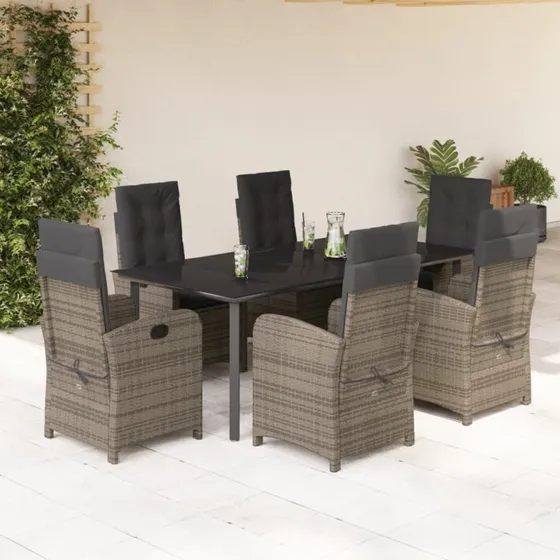 Spisebordssæt polyrattan 7 dele med hynder - grå