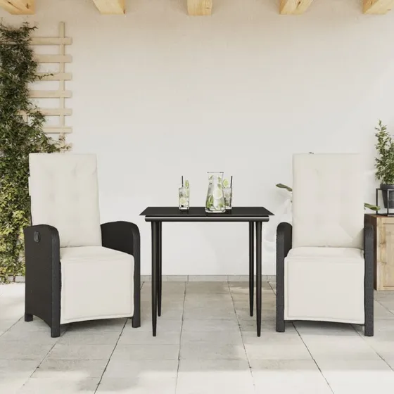 Sort 3-dele bistrosæt i polyrattan med hynder
