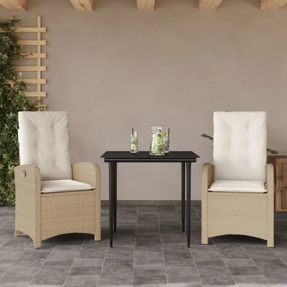 Havemøbelsæt i polyrattan 3 dele med hynder - beige