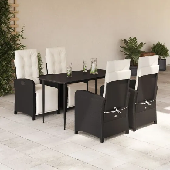 Spisebordssæt i sort polyrattan 5 dele med hynder