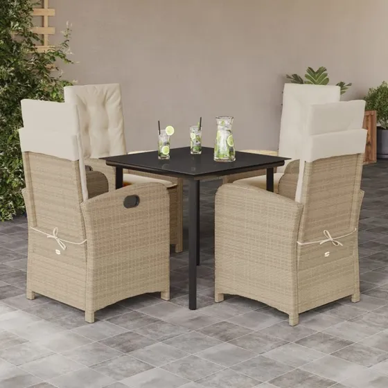 Spisebordssæt til haven 5 dele i beige polyrattan m. hynder