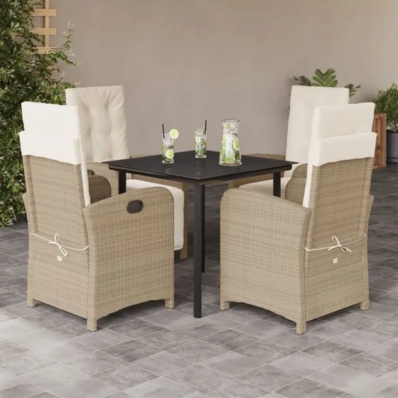 Spisebordssæt til haven 5 dele i polyrattan beige