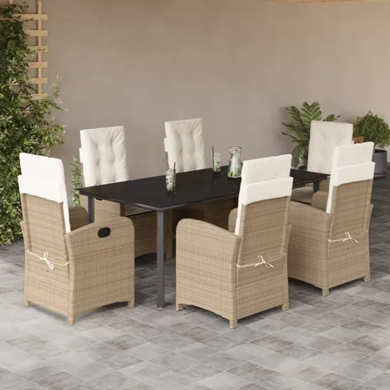 Havemøbelsæt 7 dele i polyrattan med hynder – beige