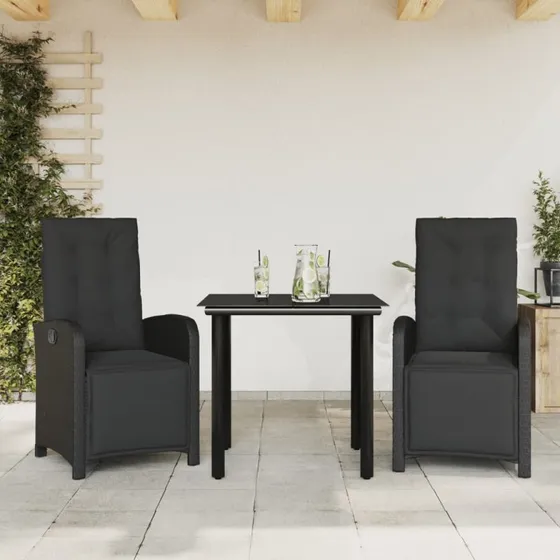 Bistrosæt 3 dele i sort polyrattan med hynder