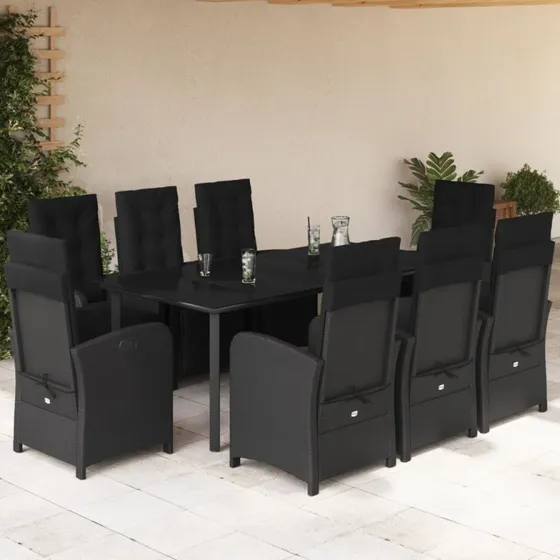 Havestel spisebordssæt 9 dele i sort polyrattan