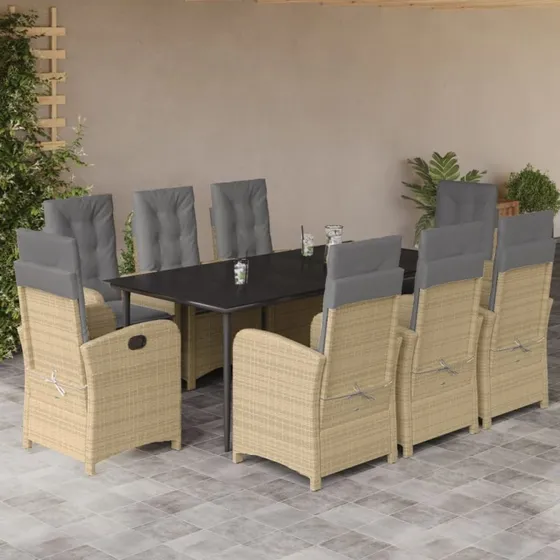 Polyrattan havespisebordssæt 9 dele med hynder, beige