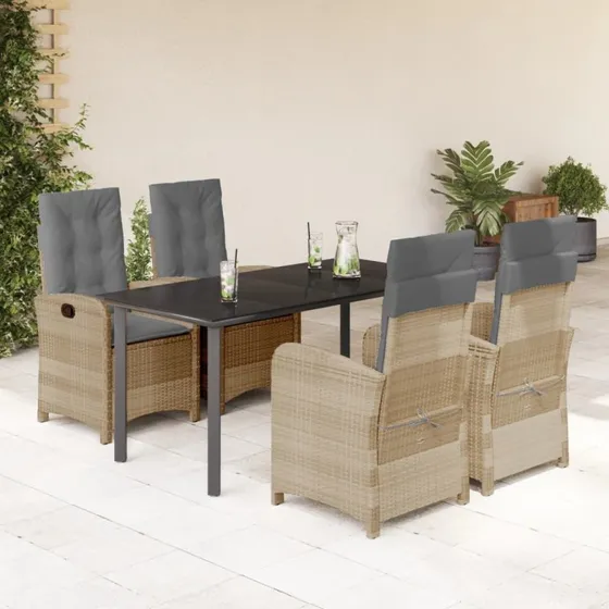 Polyrattan havespisebordssæt 5 dele med hynder, beige