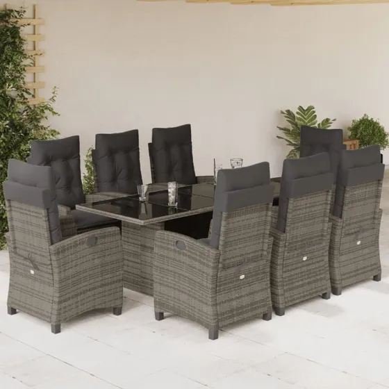 Spisebordssæt i grå polyrattan 9 dele med hynder