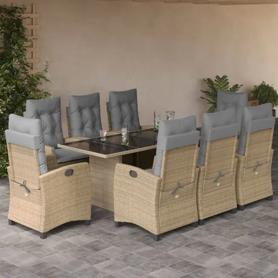 Spisebordssæt til haven 9 dele i beige polyrattan med hynder