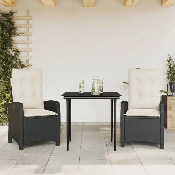 Spisebordssæt i polyrattan 3 dele med hynder - sort