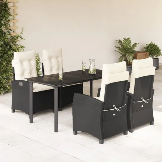 Spisebordssæt i polyrattan 5 dele med hynder, sort