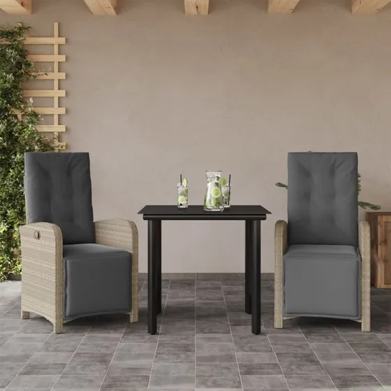 3-dele bistrosæt i polyrattan med hynder, lysegrå