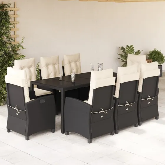 Spisebordssæt polyrattan 9 dele med hynder, sort