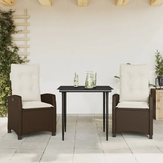 Spisebordssæt i polyrattan 3 dele med hynder - brun