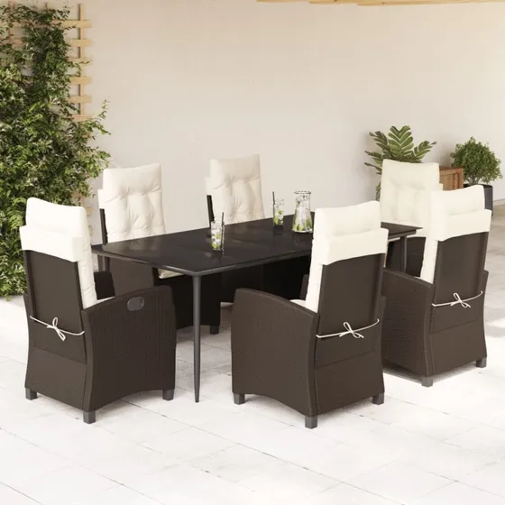 Havestel 7 dele i brun polyrattan med hynder