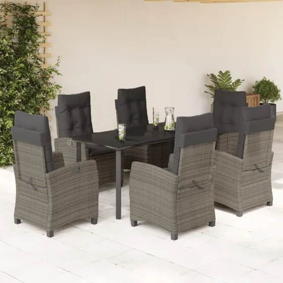 Polyrattan spisebordssæt 7 dele med hynder – grå