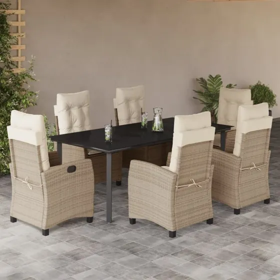 7-dele spisebordssæt i beige polyrattan med hynder