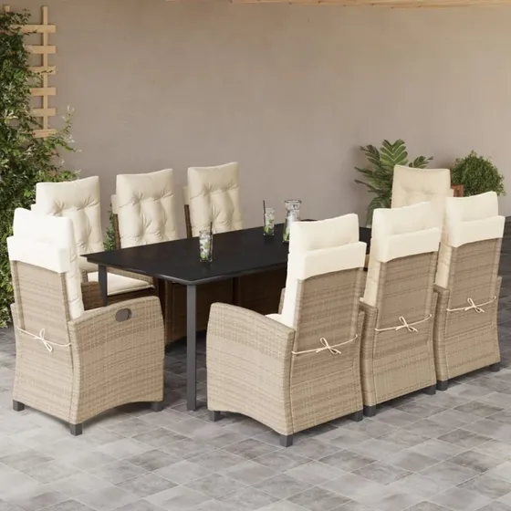 9-del. spisebordssæt i beige polyrattan med hynder