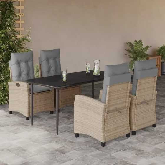 Spisebordssæt til haven 5 dele i beige polyrattan m. hynder