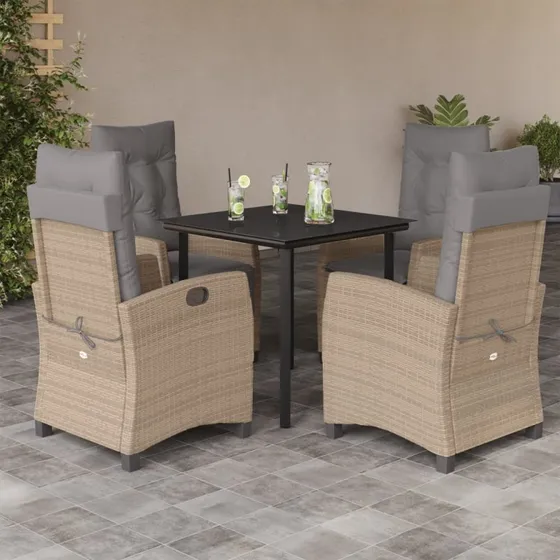 Polyrattan spisebordssæt 5 dele beige med hynder