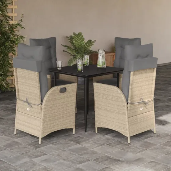 Polyrattan spisebordssæt 5 dele med hynder – beige