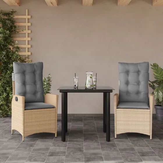 Polyrattan havemøbelsæt 3 dele med hynder – beige