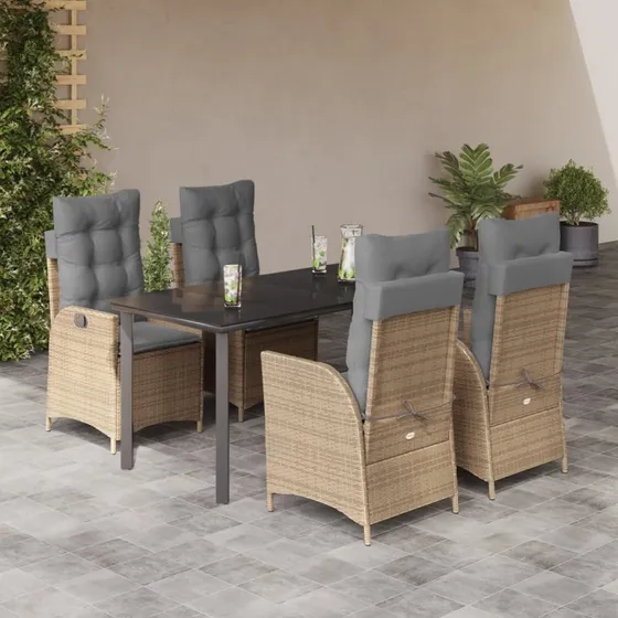 Spisebordssæt polyrattan 5 dele med hynder – beige