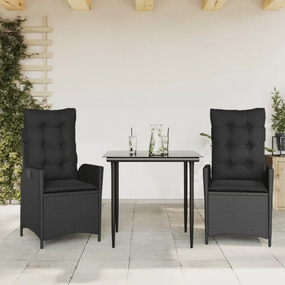 Spisebordssæt til haven 3 dele i sort polyrattan med hynder