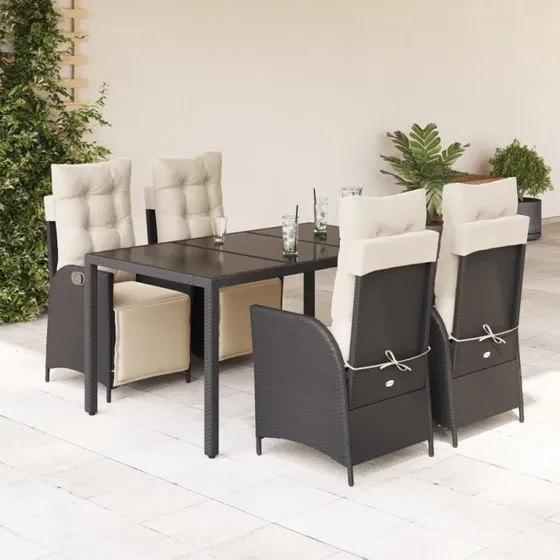Spisebordssæt polyrattan 5 dele med hynder - sort