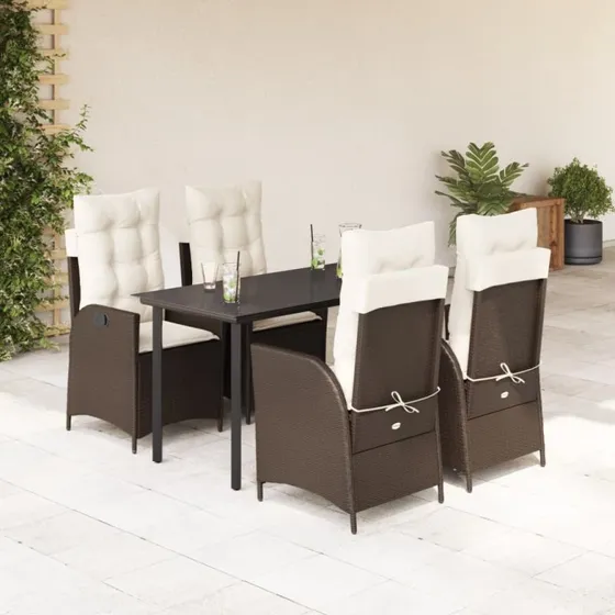 Havestel 5 dele i brun polyrattan med hynder