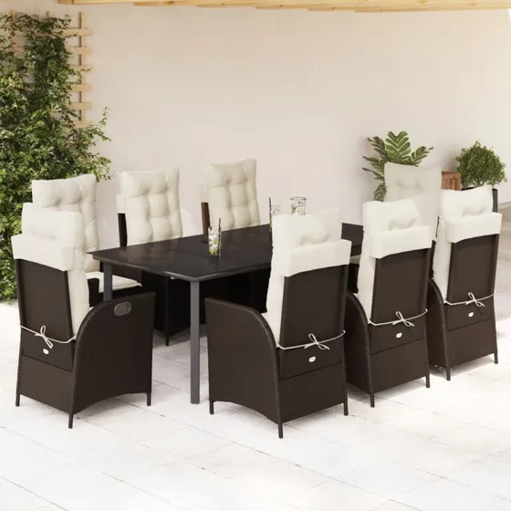 Spisebordssæt i polyrattan 9 dele med hynder, brun