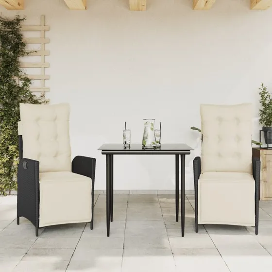 3-delers spisebordssæt til haven i sort polyrattan med hynder