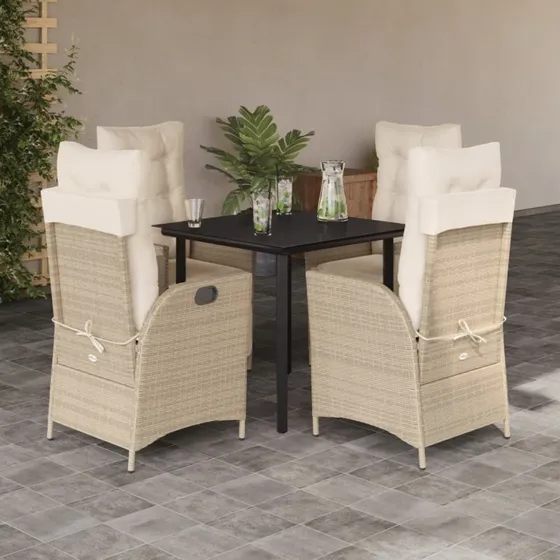Spisebordssæt i polyrattan 5 dele - beige med hynder