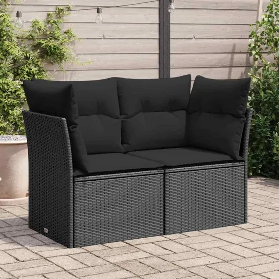 2-personers havesofa i sort polyrattan med hynder