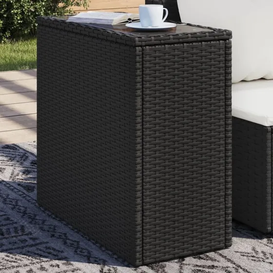 Sort polyrattan havebord med glastop 58x27,5x55 cm