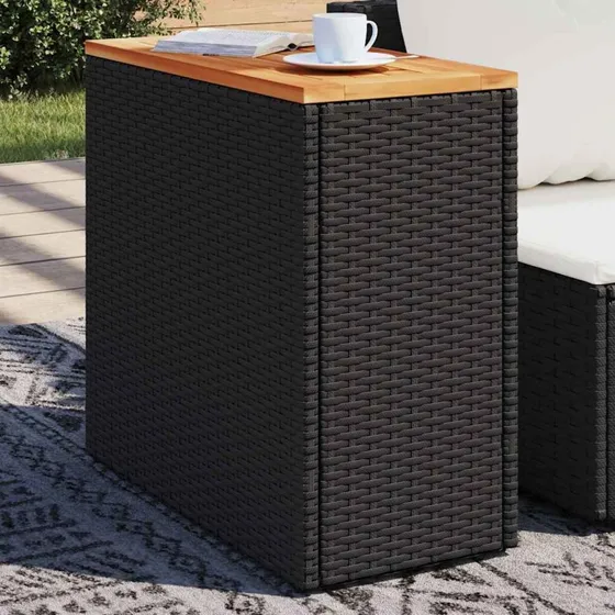 Havesidebord i sort polyrattan med akacietr 58x27,5x55 cm