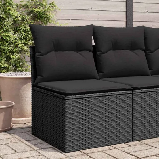Havestol uden armlæn i sort polyrattan med hynder